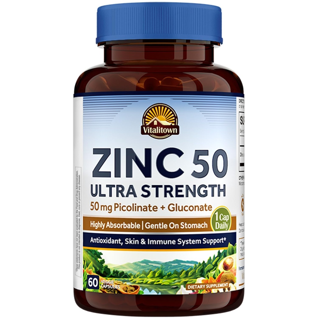 Vitalitown Zinc chélaté 50 mg, Picolinate de zinc et Gluconate, 60 Capsules de Veggie, bien absorbé, système immunitaire, peau saine et développement, végétalien, NO Gluten, non-OGM