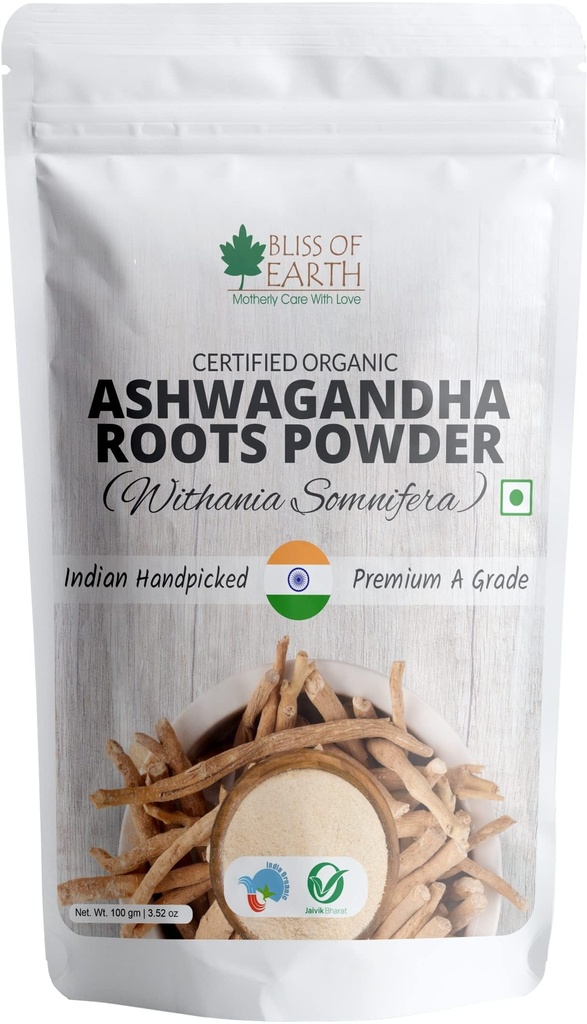 Bliss of earth Ashwagandha Powder Organic 100gm Whole Premium Grade Help Boost Immunity & Stress Relief