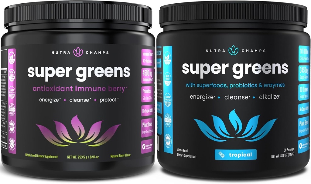 NutraChamps Super Greens Antioxidant & Super Greens Tropical Bundle - 2 Monate Versorgung