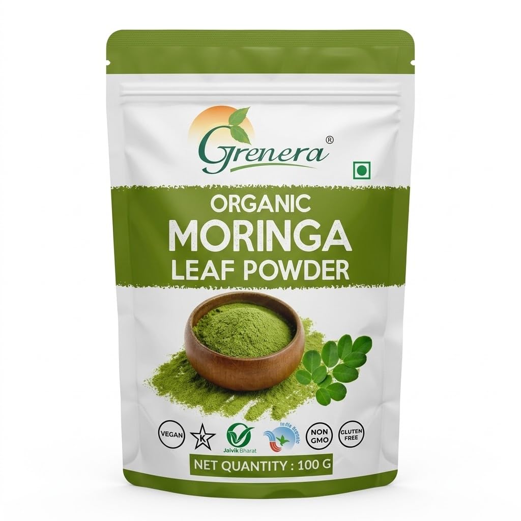 Grenera Organic Moringa Powder 100g, Moringa Leaf Powder (Sahjan/Drumstick), Certified Organic, Pure Shigru Powder