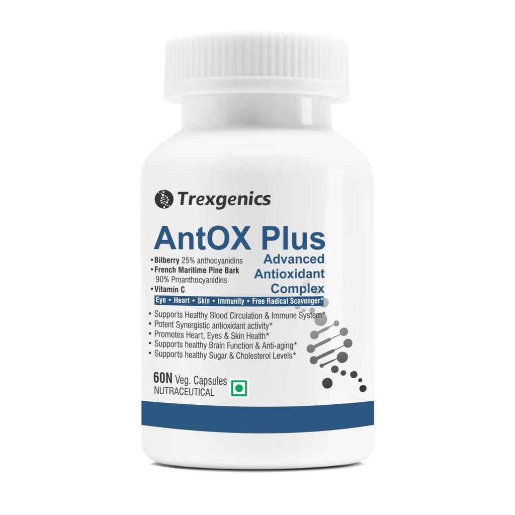 Trexgenics ANTOX PLUS Bilberry 25% 200 mg, Pine bark 90% 200 mg & Vitamin C Advanced Antioxidant complex, Heart, Eyes, Skin, Immunity, Metabolism (60 Vcaps) (1)