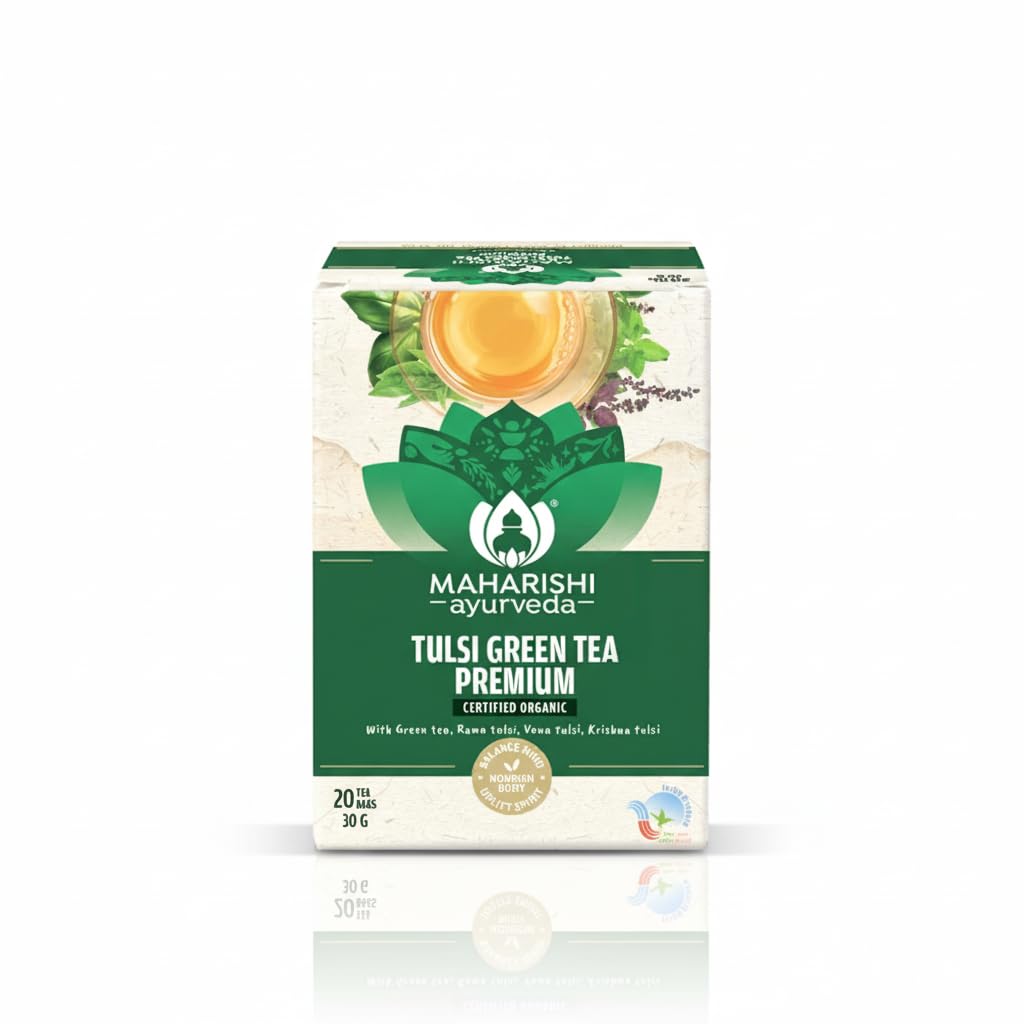 Maharishi Ayurveda Organic Certified Tulsi Green Tea Premium | With Rama, Krishna & Vana Tulsi and Green Tea | Supports Detox, Immunity & Daily Balance | 20 Tea Bags (30g)