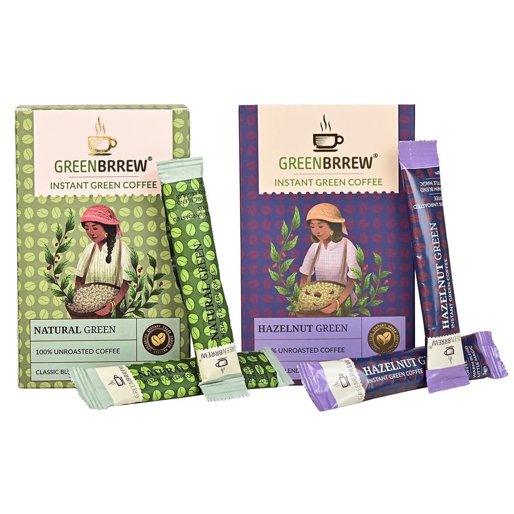 Greenbrrew Instant Green Coffee Combo, Natural & Hazelnut, 20 Sachets