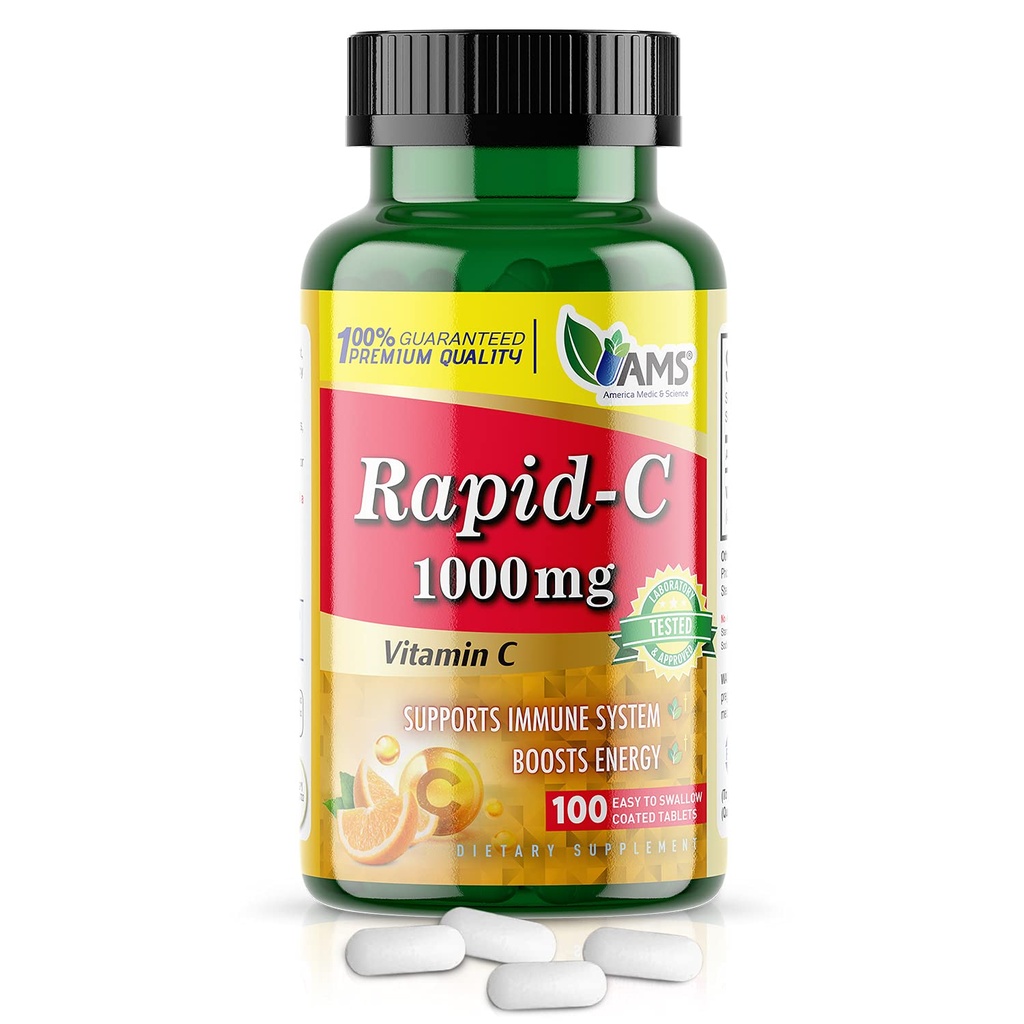 Amerika Medic & Science Rapid-C 1000mg Vitamin C Supplement (1 Packung mit 100 Tabletten) Energie-Booster, Tägliche Immunsystem-Unterstützung, Antioxidans | Vegan, Non-GMO beschichtete Ascorbinsäure für Erwachsene Männer & Frauen