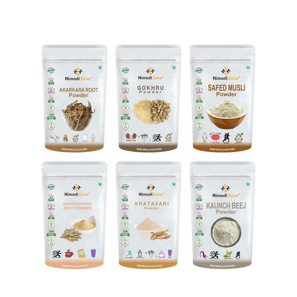 Pack Of 6 Different Powers i.e Akarkara, Gokhru, Safed Musli, Kaunch, Ashwagandha & Shatavari (100 grams pack each) = 600 grams Total