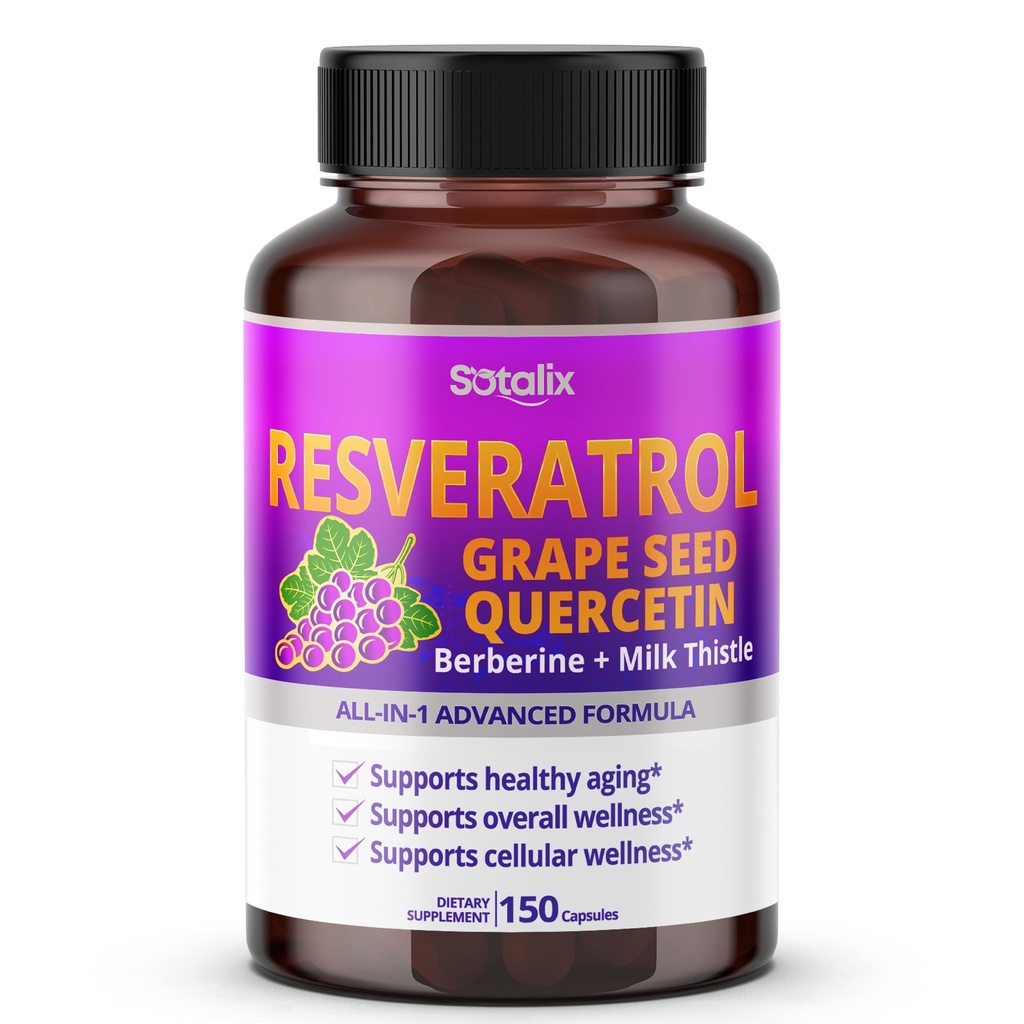 Resvératrol avec graines de raisin + Quercetin Berberine + Thistle de lait Puissant Anti-Age - USA Fabriqué et testé (150 jours d'approvisionnement (paquet de 1))