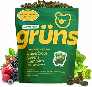 Gruns adulti Zucchero-Free Super Verdi Gummies - Superfood Gummy Bears con Spirulina, clorella, fibre e prebiotici per la salute digestiva, supplemento di adaptogen con 20 vitamine e minerali, 2 settimane di alimentazione