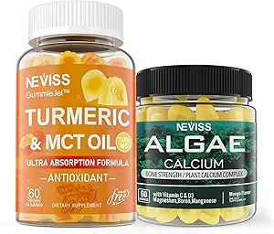 NEVISS Zucchero Gratuito Curcumina Gummies + Algae Marine Calcium Supplement 600mg, Alta Assorbimento, Vegan