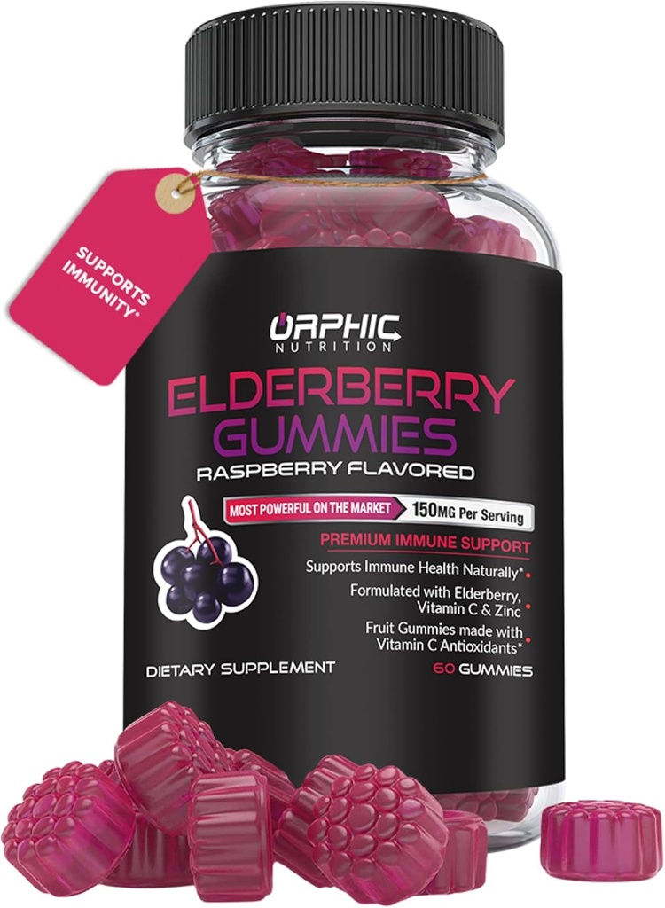 NUTRITION ORPHIQUE Gommies de mûrier aîné avec vitamine C et zinc - 60 Compte - Supplément de soutien immunitaire pour les hommes, les femmes et les enfants* - Vitamines de mûrier aîné faites avec vitamine C - 100MG de mûrier aîné