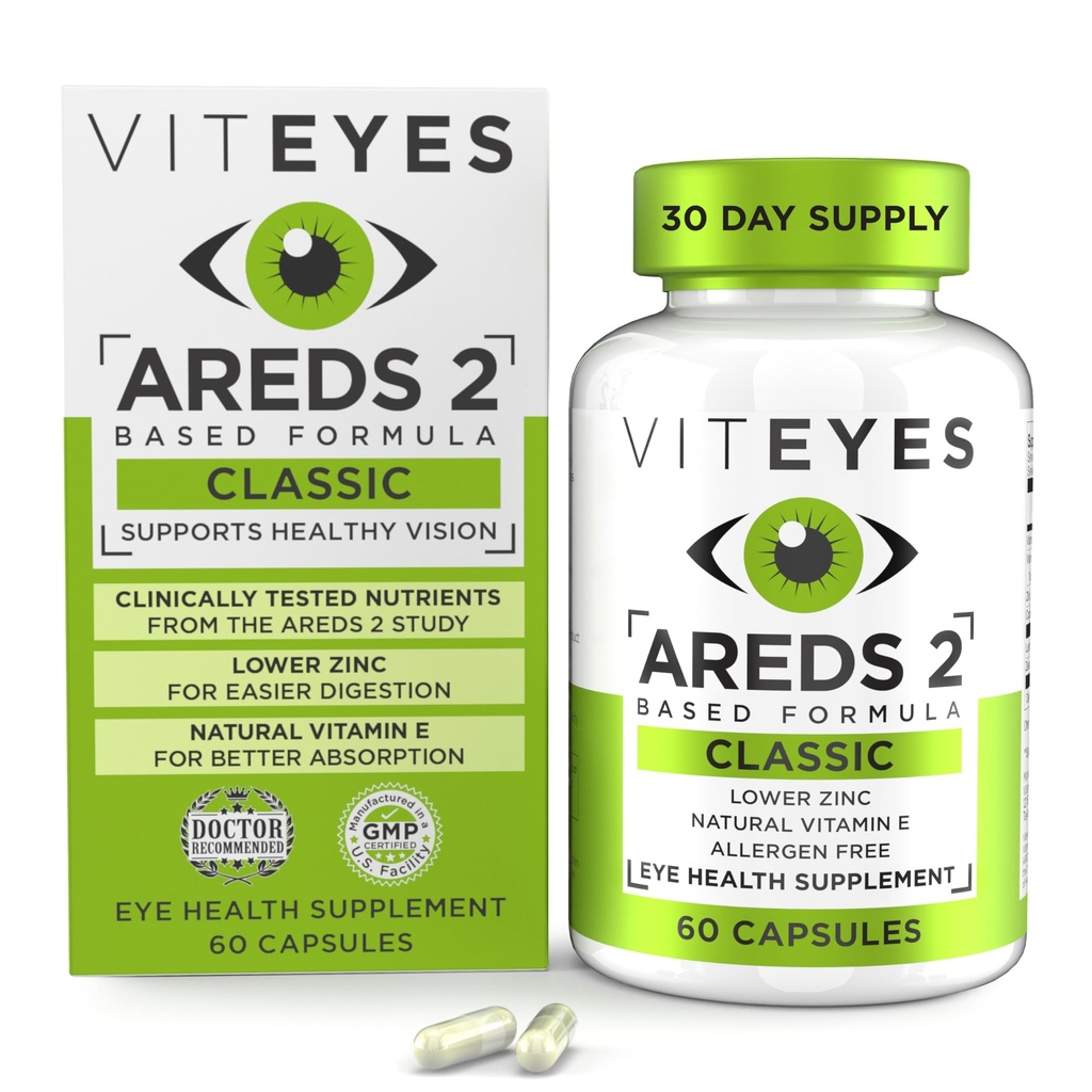 Viteyes AREDS 2 Augen Vitamine, Klassische Macular Support, Allergene freie Kapseln, mit natürlichem Vitamin E, Vitamin C, Zink, Kupfer, Lutein & Zeaxanthin, Augenarzt Trusted, Hergestellt in den USA, 60 Ct