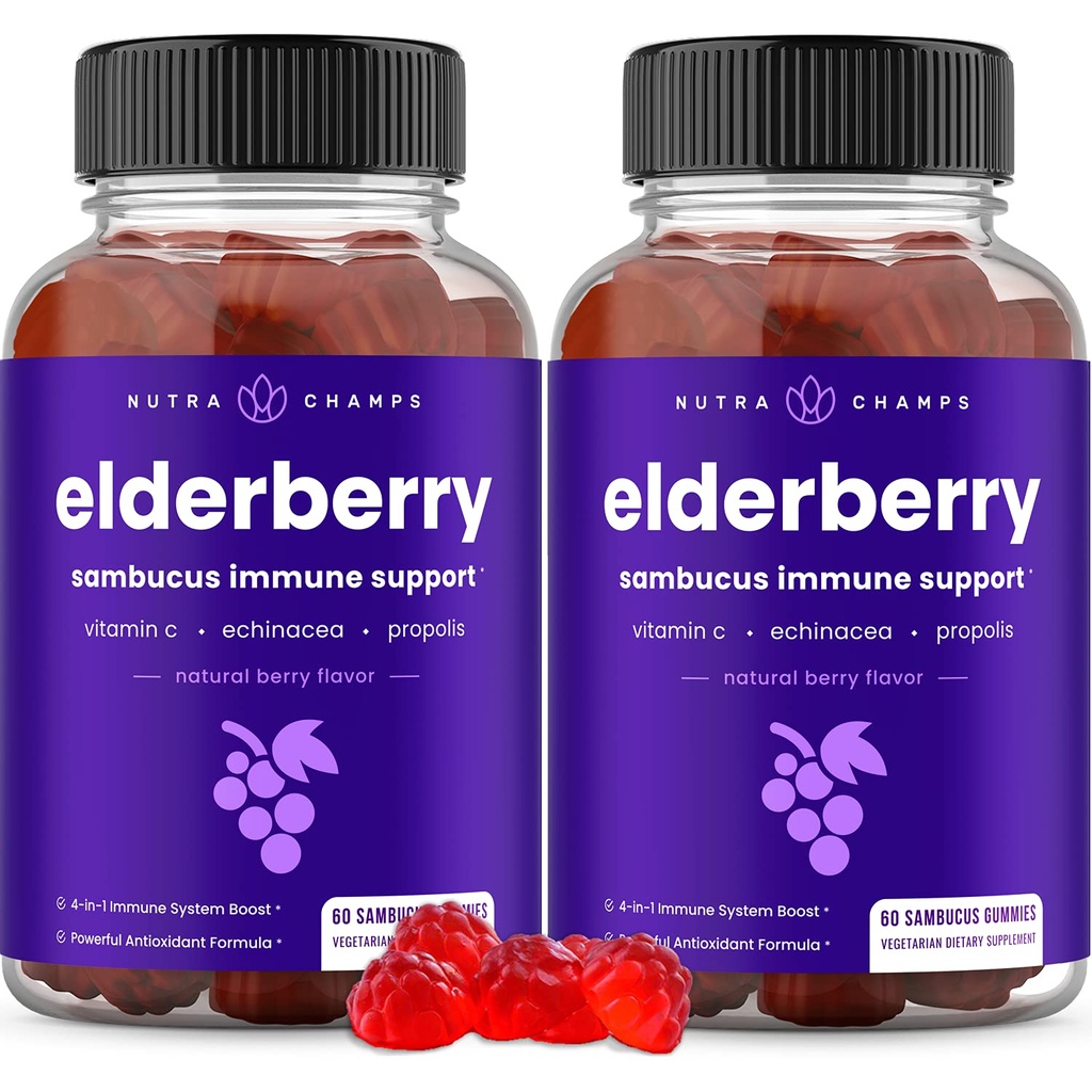 NutraChamps Elderberry Gummies, Sambucus Elderberry Gummies für Erwachsene & Kinder, Vitamin C, Propolis & Echinacea, Max Strength Immune Support Gummis, Natural Berry Flavor, 120 Gummi (Pack von 2)
