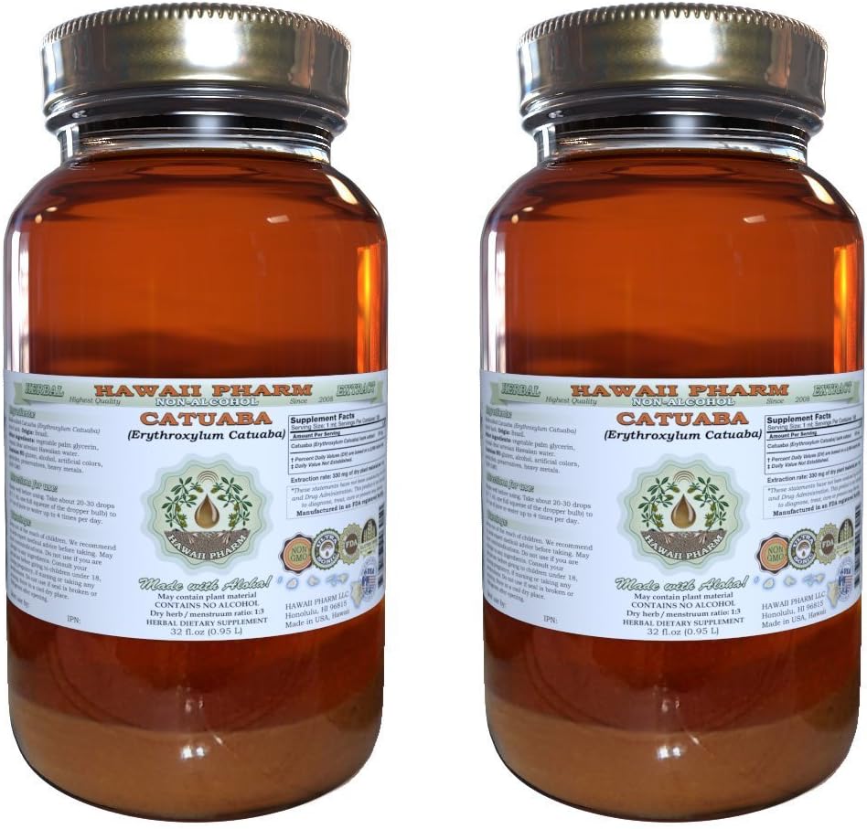 Catuaba Extrait liquide sans alcool, Catuaba (Erythroxylum Catuaba) glycérite séchée glycérite Hawaii Pharm supplément naturel à base de plantes 2x32 oz non filtré