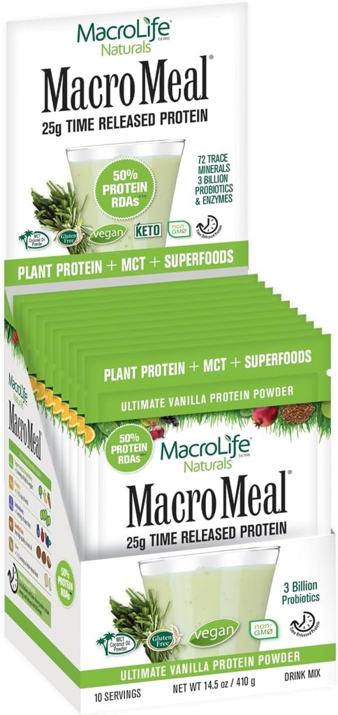 MacroLife Naturals MacroMeal Vegan Vanilla Superfood Supplement Powder Protein + Greens, Probiotics, Verdauungsenzyme, Fiber - Energy, Detox, Immune - Non-GMO, Gluten-Free- 10 Packet Servings