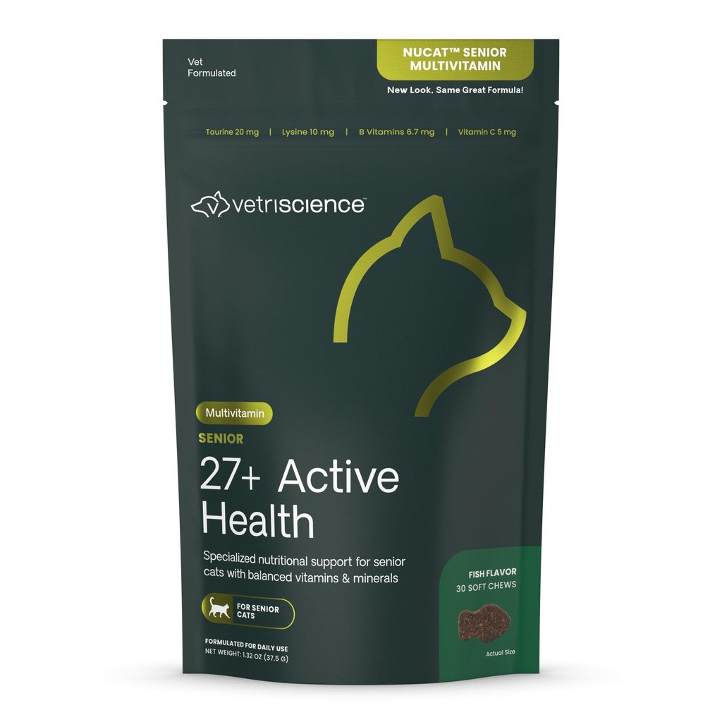 VetriScience Senior 27+ Santé active Chews, Nu Cat Multivitamine quotidienne pour chats seniors, vitamines équilibrées, minéraux et antioxydants, soutien au vieillissement et au mieux-être en santé, poisson, 30 comtes