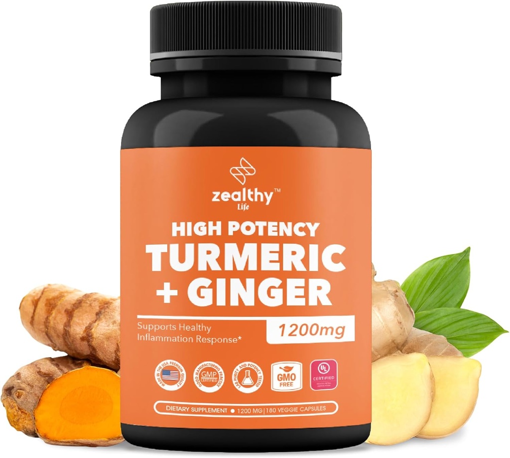 Turmeric + Ginger Capsules 1200mg | Joint Comfort, Entzündungsunterstützung & Verdauungshilfe* | 180 Count | Zealthy Life High Potency Turmeric Ginger Supplement | 1200mg