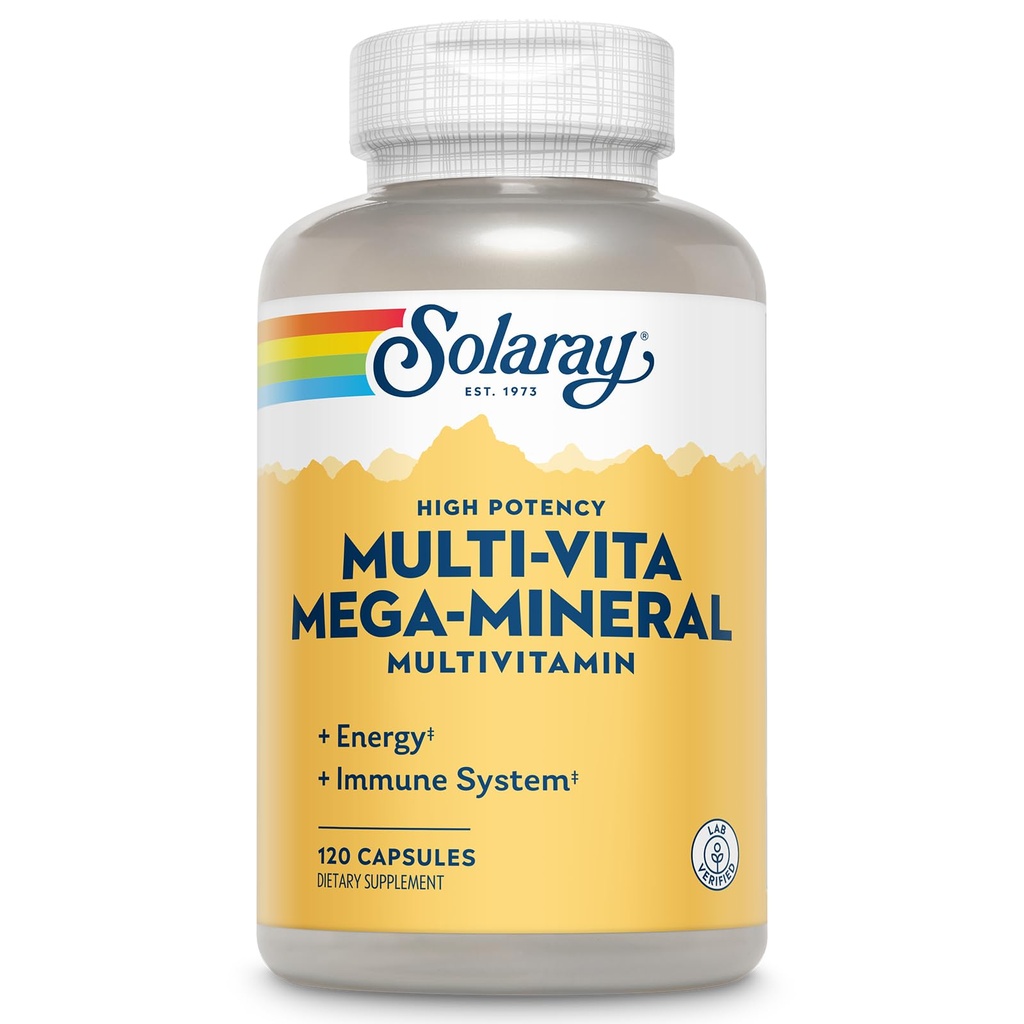 Multivitamine Méga-minérale SOLARAY multivitamine pour les femmes et les hommes avec vitamine D, vitamine C, magnésium, zinc et plus - Support du système d'énergie et immunitaire - Garantie de 60 jours - 30 portions, 120 capsules