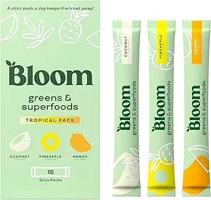 Bloom Nutrition Superfood Greens Powder Stick Packs, Enzymes digestifs avec probiotiques et prébiotiques, Gut Health, Bloating Relief pour les femmes, Chlorella, Green Juice Mix, 18 SVG, Variété tropicale