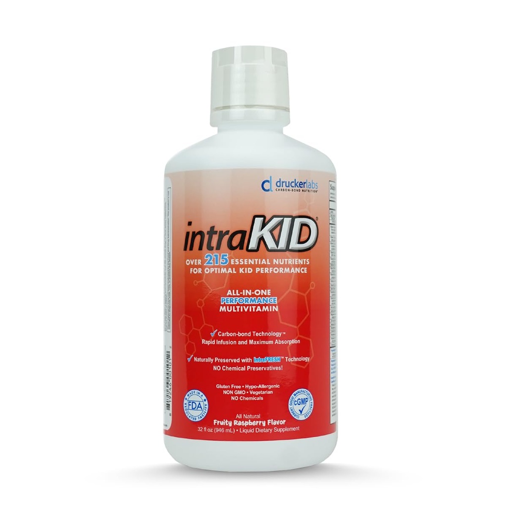Drucker Labs Multivitamina liquida organica per bambini, Supporto immunitario, Non OGM, Dairy Free, Gluten Free, Magnesio, Vitamina A, C, E, Zinco, (32 oz., Fruttato lampone)