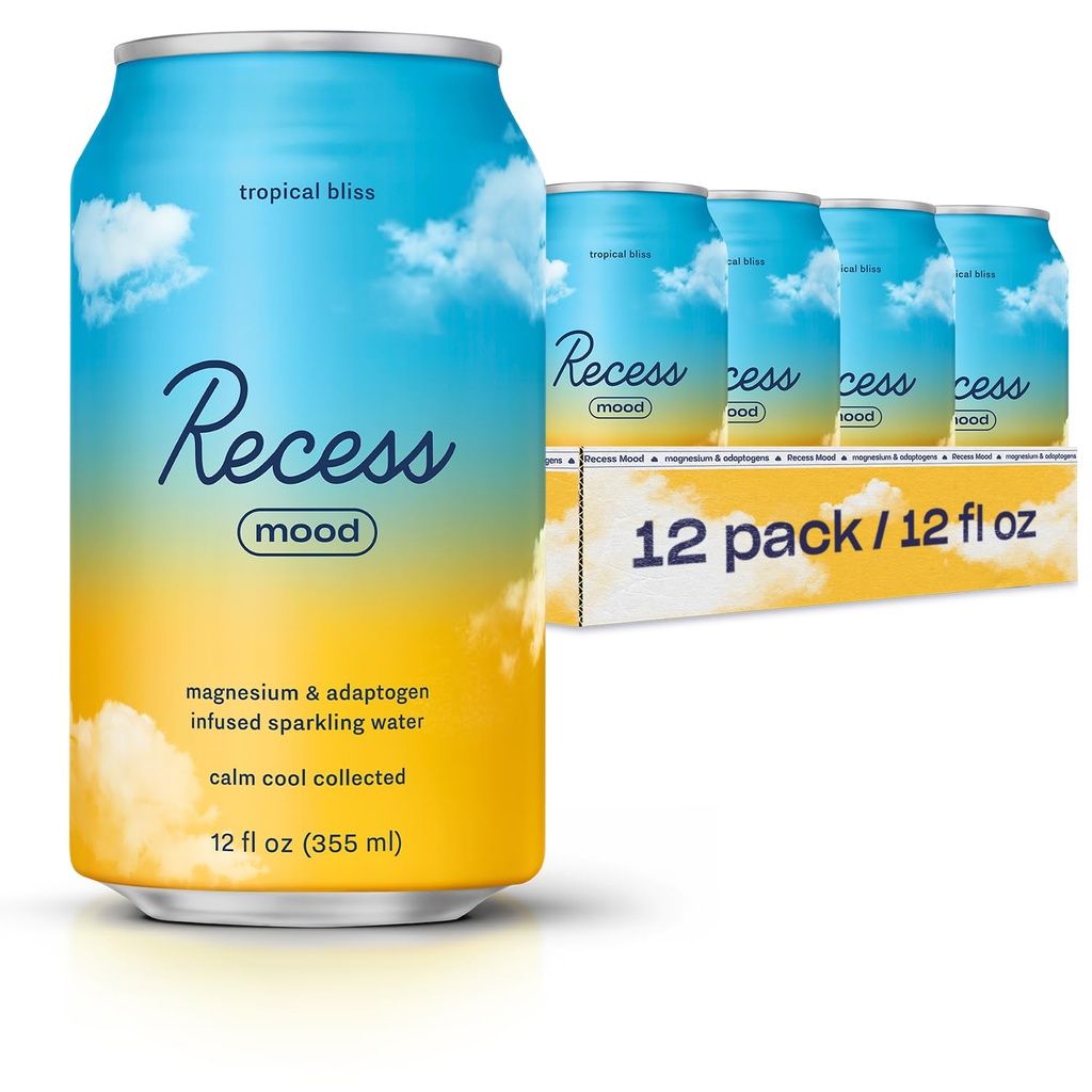 Recess Mood Magnesium & Adaptogen Drink, Relax Bevande, 12 Ounce (Bliss tropicale, 12 Pack)