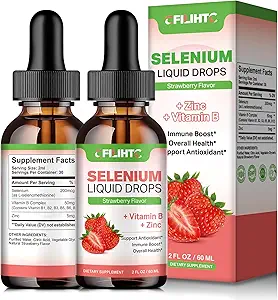 Sélénium Liquid Drops - 200mcg Liquid Sélénium Complement with Vitamine B Complex & Zinc - Support pour le système immunitaire, l'antioxydant et la santé cardiaque, haute absorption - Fraise Flavor, 2 Fl Oz