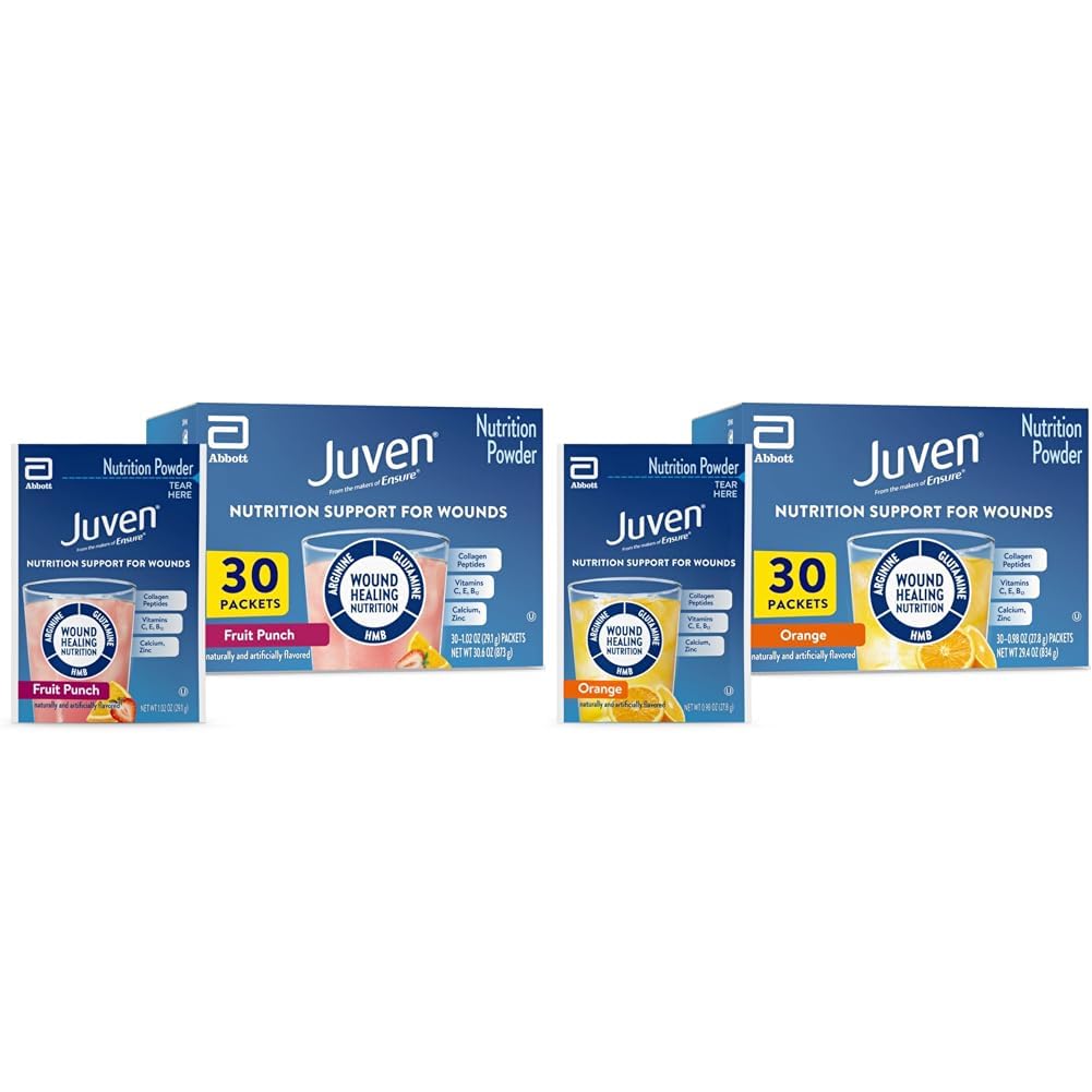 Juven Therapeutic Nutrition Drink Mix Pulver zur Unterstützung der Wundheilung, enthält Kollagenprotein, Orange 30 Count & Fruit Punch 30 Count, 60 Gesamtpakete