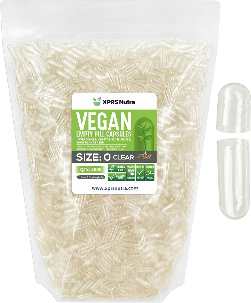 XPRS Nutra Taille 0 Capsules vides - 5000 Compter Effacer Capsules vides de végétalien - Pilules végétariennes - Bricolage Gélule végétale Remplissage - Bouchons de pilules pour Do-It-Youlf Suppléments