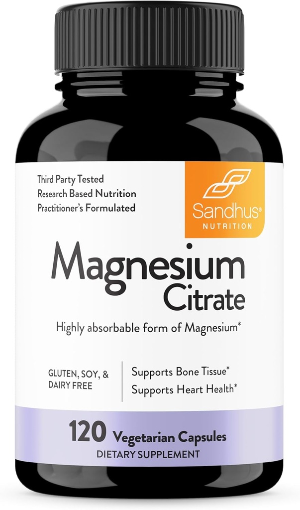 Citrato di Magnesio di Sandhu Gluten altamente assorbibile, Diario di Soia Senza Filler 120 capsule vegetariane