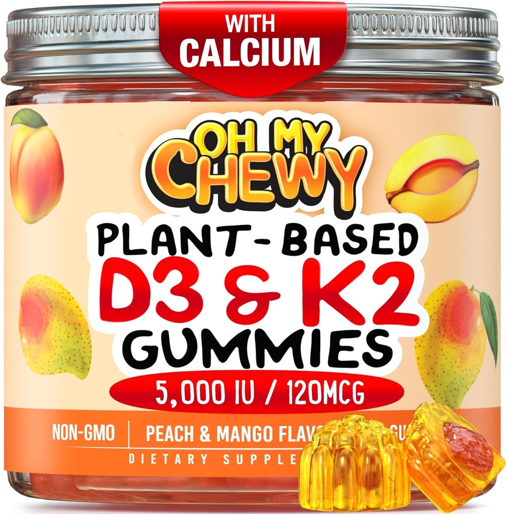 Center-Filled Vitamin D3 K2 Gummi - Kinder, Jugendliche & Erwachsene - Ergänzung für gesunde Zähne, Knochen, Energie & Immunität - 5000 IU D3, 120 mcg K2(MK-7), 120 mg Calcium - Vegan & Non-GMO - 60 Count