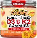 Vitamine au centre D3 K2 Gummies - Enfants, adolescents et adultes - Supplément pour les dents, les os, l'énergie et l'immunité - 5000 UI D3, 120 mcg K2(MK-7), 120 mg de calcium - Végétaux et non-OGM - 60 Nombre