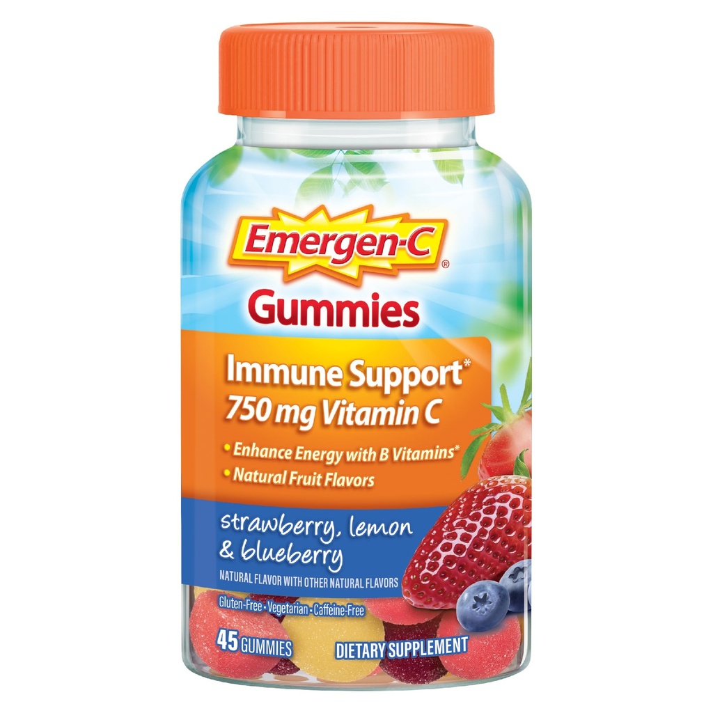 Emergen-C 750mg Vitamin C Gummi für Erwachsene, Immununterstützung Gummi, Glutenfrei, Erdbeere, Zitronen und Blaubeeren Flavors - 45 Count