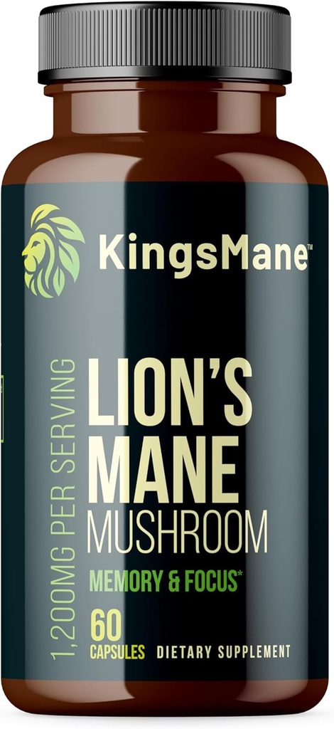 KingsMane™ Organic Lion's Mane Mushroom Supplement, Memory, Focus, & Clarity Brain Support, 1200mg, 60 Capsules
