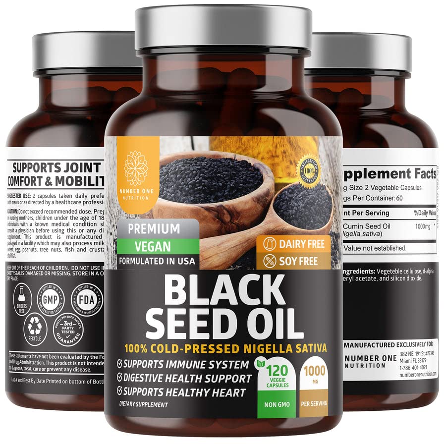 No One Nutrition N1N Premium Black Seed Oil [Max Strength, 1000 mg] Nigela Sativa 100% pressée à froid pour soutenir la digestion, le système immunitaire et le confort et la mobilité des articulations, 120 capsules