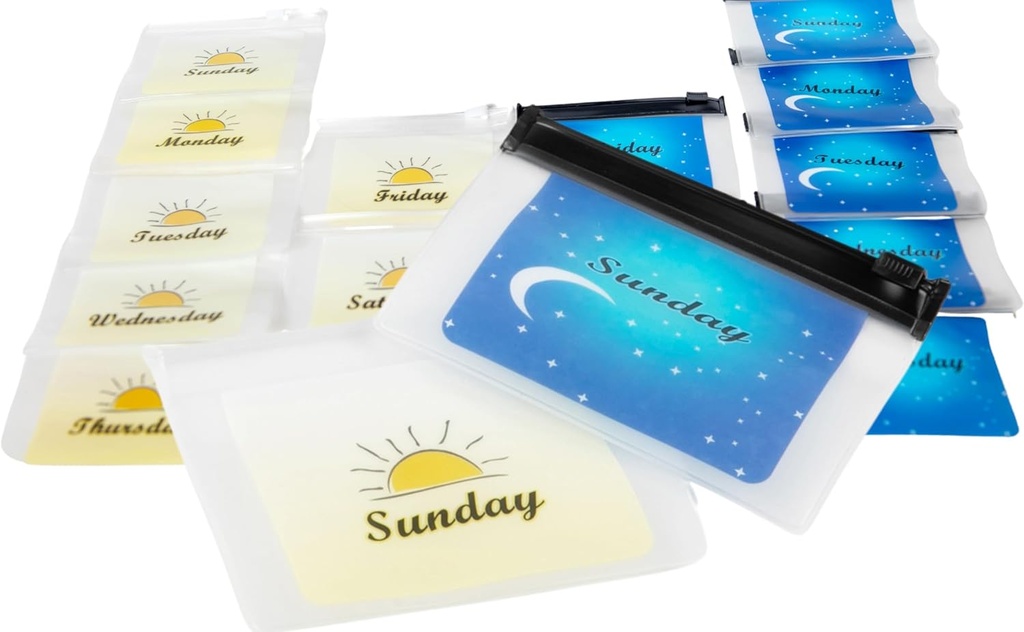 Sacs en plastique réutilisables pour am Pm Voyage Med Pocket Pharmacie, Code de couleur, Pré-étiquette des jours de la semaine Pill Organisateur 2 fois par jour pour la médecine, les vitamines, 4x3 pouce fermeture zip