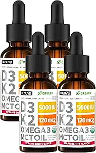 (4 Pack) Bio Vitamin D3 K2 Tropfen mit MCT Öl Omega 3, 5000 IU - maximale Stärke Vitamin D Flüssigkeit, keine Füllstoffe, Non-GMO Flüssigkeit D3 für schnellere Absorption und Immununterstützung (Strawberry, 4 Fl Oz)