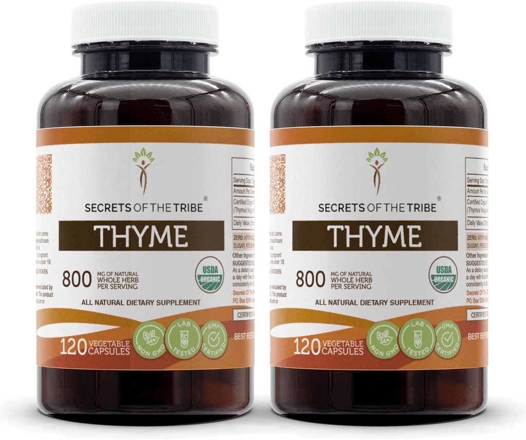 Secrets of The Tribe Thyme 2x120 Capsules, Made with Vegetable Capsules and USDA Organic Thymus Vulgaris Toni Effect (2x120 Capsules)