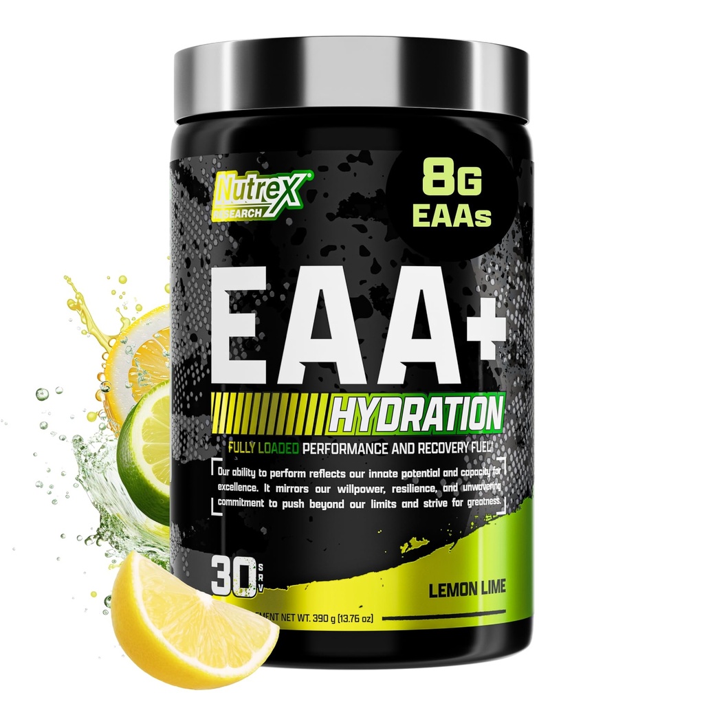 Nutrex Research EAA Hydration | EAAs + BCAA Pulver | Muskelrückgewinnung, Stärke, Muskelaufbau, Endurance | 8G Essential Amino Acids + Elektrolyte | (Packaging My Vary) 30 Servietten (Lemon Lime)
