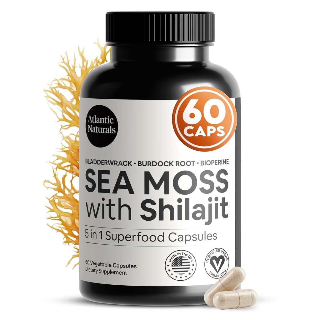 Atlantic Naturals Sea Moss und Shilajit Capsules – 5-in-1 Seamoss Shilajit Combo mit Bladderwrack, Burdock Root & Black Pepper – Sea Moss Ergänzungen für Absorption & Vitalität – 2705 mg – 60 Count