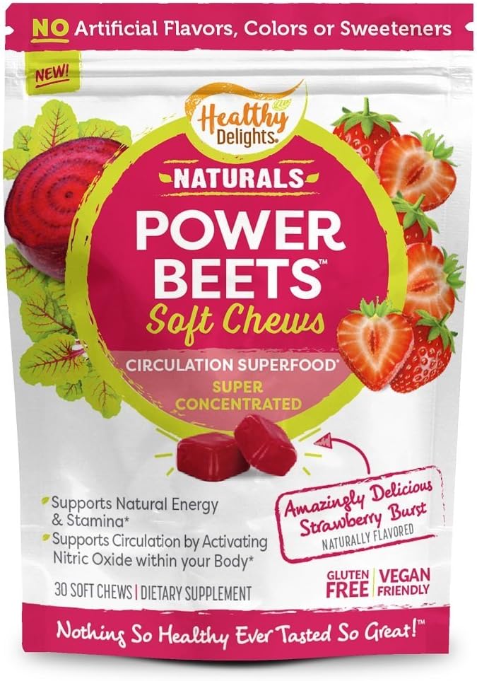 Healthy Delights Naturals Power Beets Soft Chews, Delicious Strawberry Burst, Concentrated Superfood Supplement, unterstützt Zirkulation, Natürliche Energie & Stamina, 30 Count