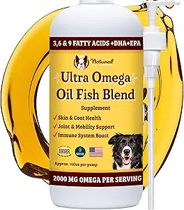 Azienda Cane Naturale Olio Ultra Omega per Cani a 2000 MG Omega 3, 6, 9 con Salmone, Pollock & Flaxseed Oil, EPA & DHA, Supplemento per cani per pelle, Cappotto, Giunti, Allergy & Itch Relief, Dog Fish Oil 16oz