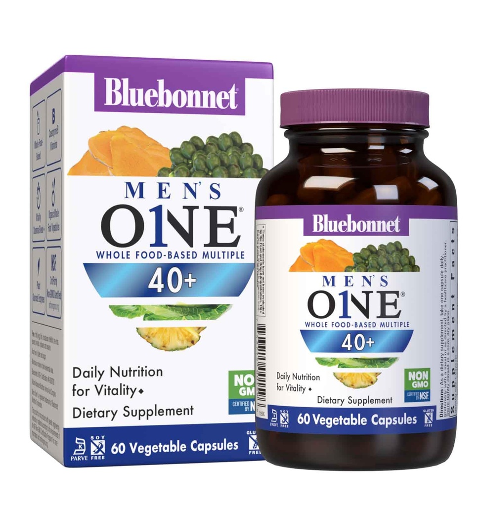 Bluebonnet Nutrition Mens' ONE 40+ Tutto Cibo-Based Multiple, Uomini Multivitamina per Uomini 40+, Soy-Free, Non OGM, Gluten Free, Kosher, 60 Capsule Verdura, 60 Serve