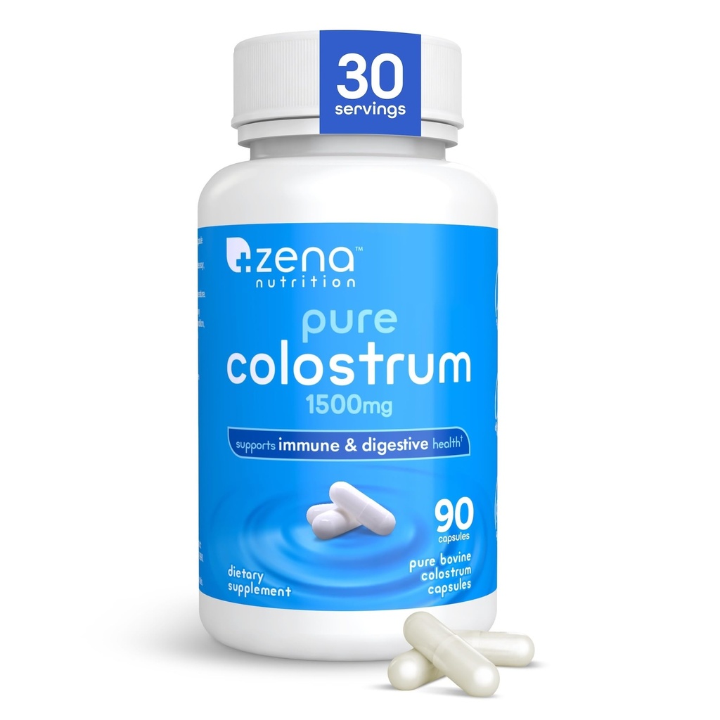 Zena Nutrition Pure Colostrum Capsules, 1500mg Supplemento, Grass Fed Bovine Colostrum, Supporta la salute immunitaria e digestiva, promuove la salute del fegato, senza glutine, grasso gratuito, 1 mese di fornitura, 90 capsule