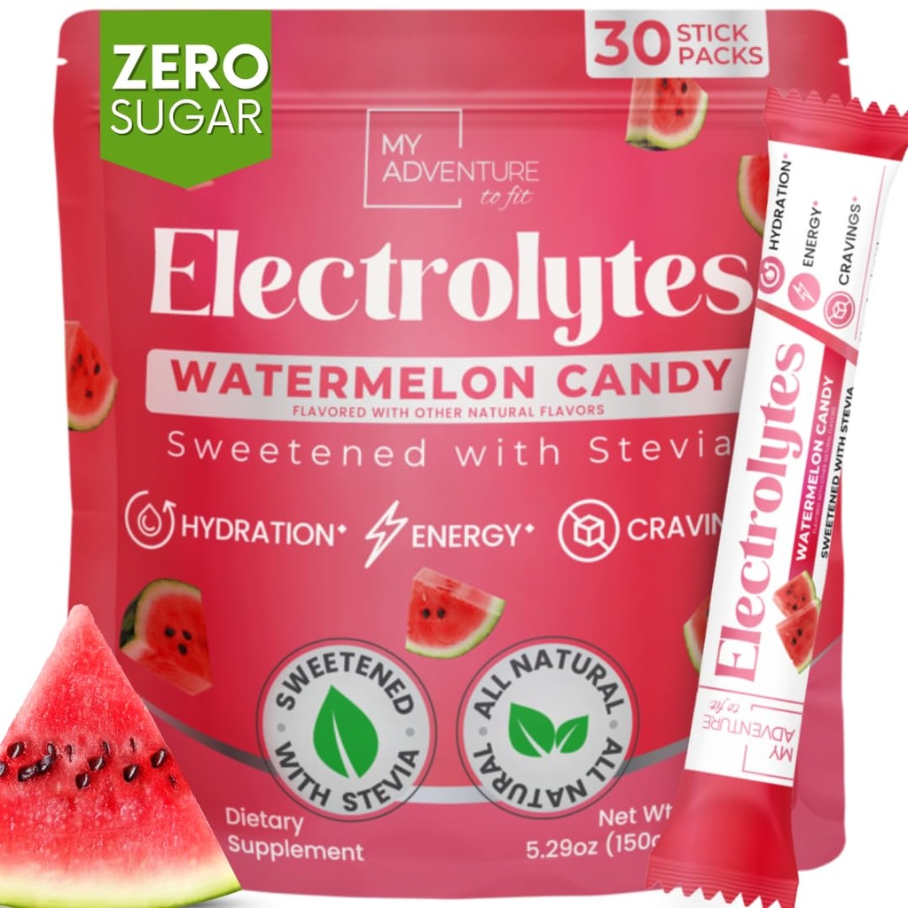 Zero Sugar Watermelon Candy Electrolytes Powder Packets (30 Pack) - All Natural Ingredients, Caffeine Free Energy for Refreshing Hydration - Vegan, Keto, Paleo Sugar Free Electrolytes Powder No Sugar