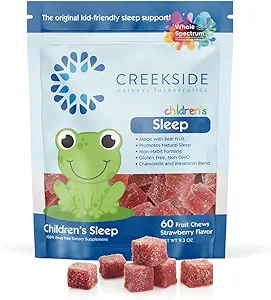 Creekside Naturals Kinder Schlaf Echte Fruchtkäse, 0.5 mg Melatonin Schlafergänzung mit Kamille, Pädiatrie Formulierte Vegan-Gummien, Erdbeer-Flamvor, 60 Fruchtkäse