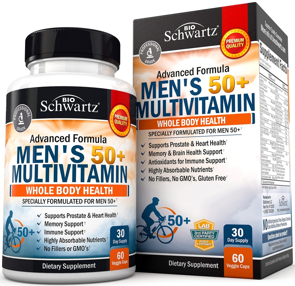 Multivitamine quotidienne pour les hommes 50 et plus - Supplément pour le soutien de la santé cardiaque - avec le zinc, A, B, C, D3, E Vitamines - pour le soutien de la mémoire et de la santé cérébrale - Conçu pour la santé du corps entier - 60 Compte