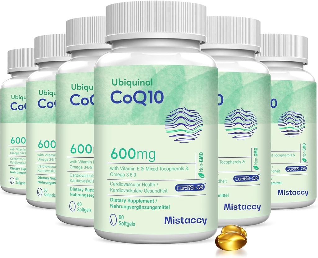 CoQ10 600mg Softgels | Hohe Absorption CoQ10 Ubiquinol Ergänzung | Reduzierte Form Enhanced with Vitamin E & Omega 3 6 9 | Antioxidans Powerhouse Good for Health | 360 Softgels
