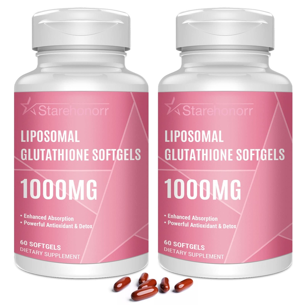 Liposomique Glutathion Softgels 1500MG, Supplément réduit de glutathion avec vitamine C, Meilleure absorption, Antioxydant puissant non-OGM pour le vieillissement en santé, Detox, Santé immunitaire, 120 Softgels