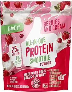 FlavCity Poudre de protéines de lactosérum - Berries et crème - 25g Protéines et 10g Collagène - Fabriqué avec des fraises biologiques et du lait de coco - Sans gluten et sans sucre ajouté (20 portions)