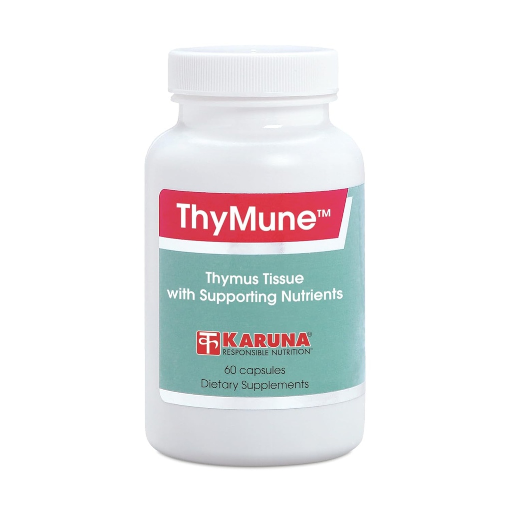 Karuna ThyMune 60 Capsules: 400 mg de tissu Thymus, 40 mg d'extrait d'échinacée, 25 mg de bioflavonoïdes.