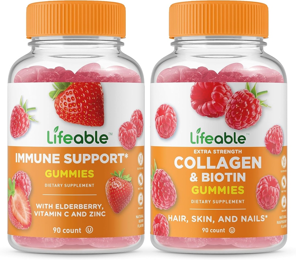 Lebensfähige Immununterstützung + Collagen & Biotin, Gummie Bundle - Große Verkostung, Vitaminergänzung, Glutenfrei, GMO frei, Kaugummi