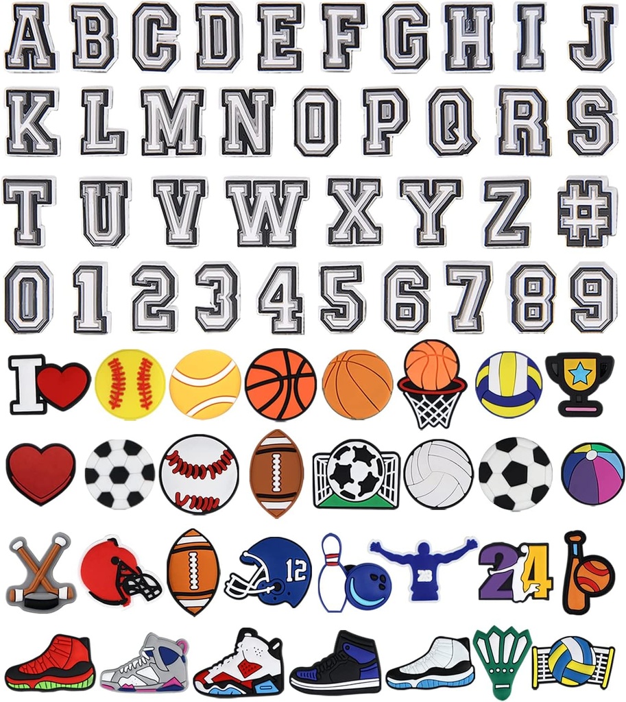 Buchstaben Zahlen und Sport Dekoration Charms, Basketball Baseball Hockey Softball Fußball Geschenk für Jungen Kinder Jugendliche und Erwachsene